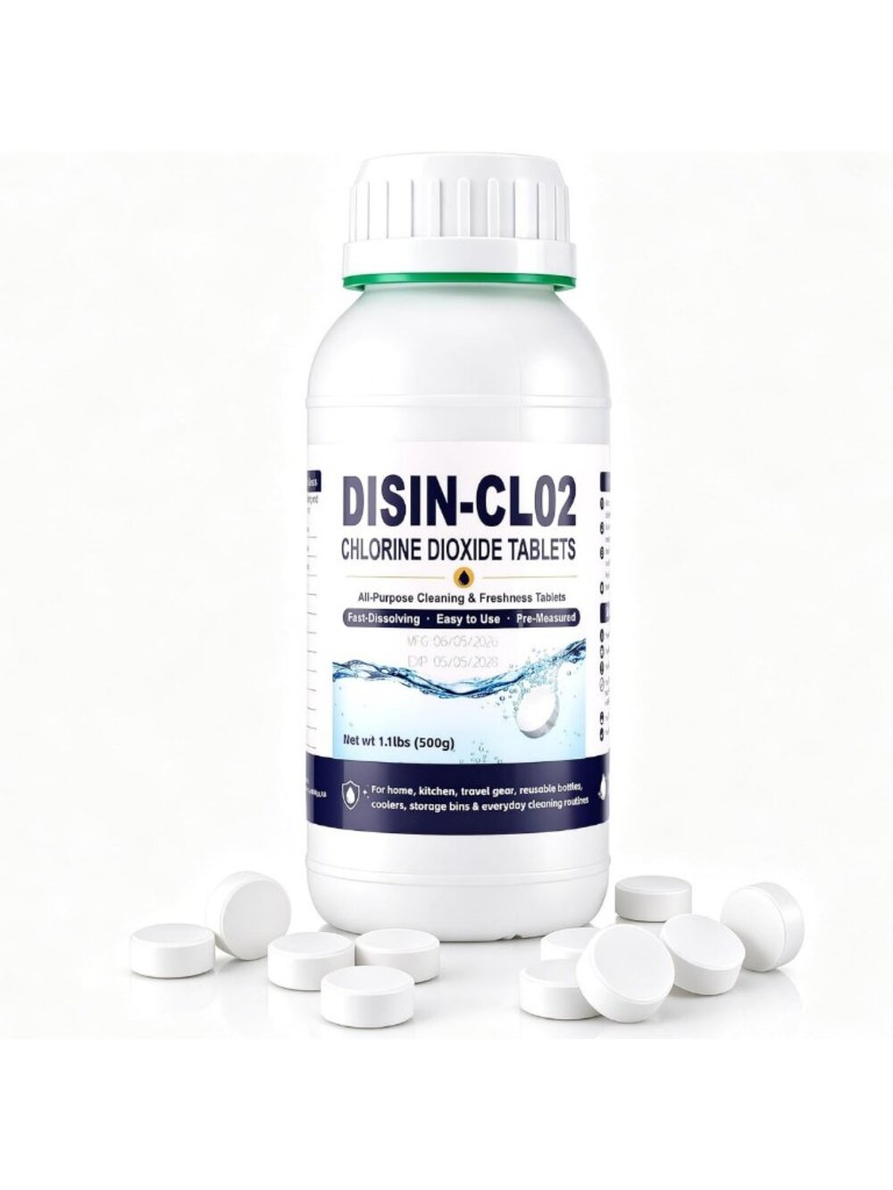 Easy-Dissolve Chlorine Dioxide Tablets for Home & Travel Odor Removal, 500 Count
